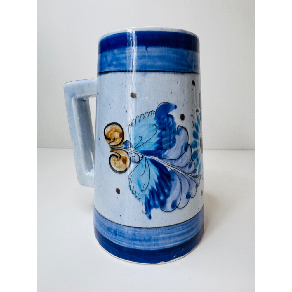 Vintage Tonala Pottery Tankard Mug Blue White Floral Ceramic Mexico